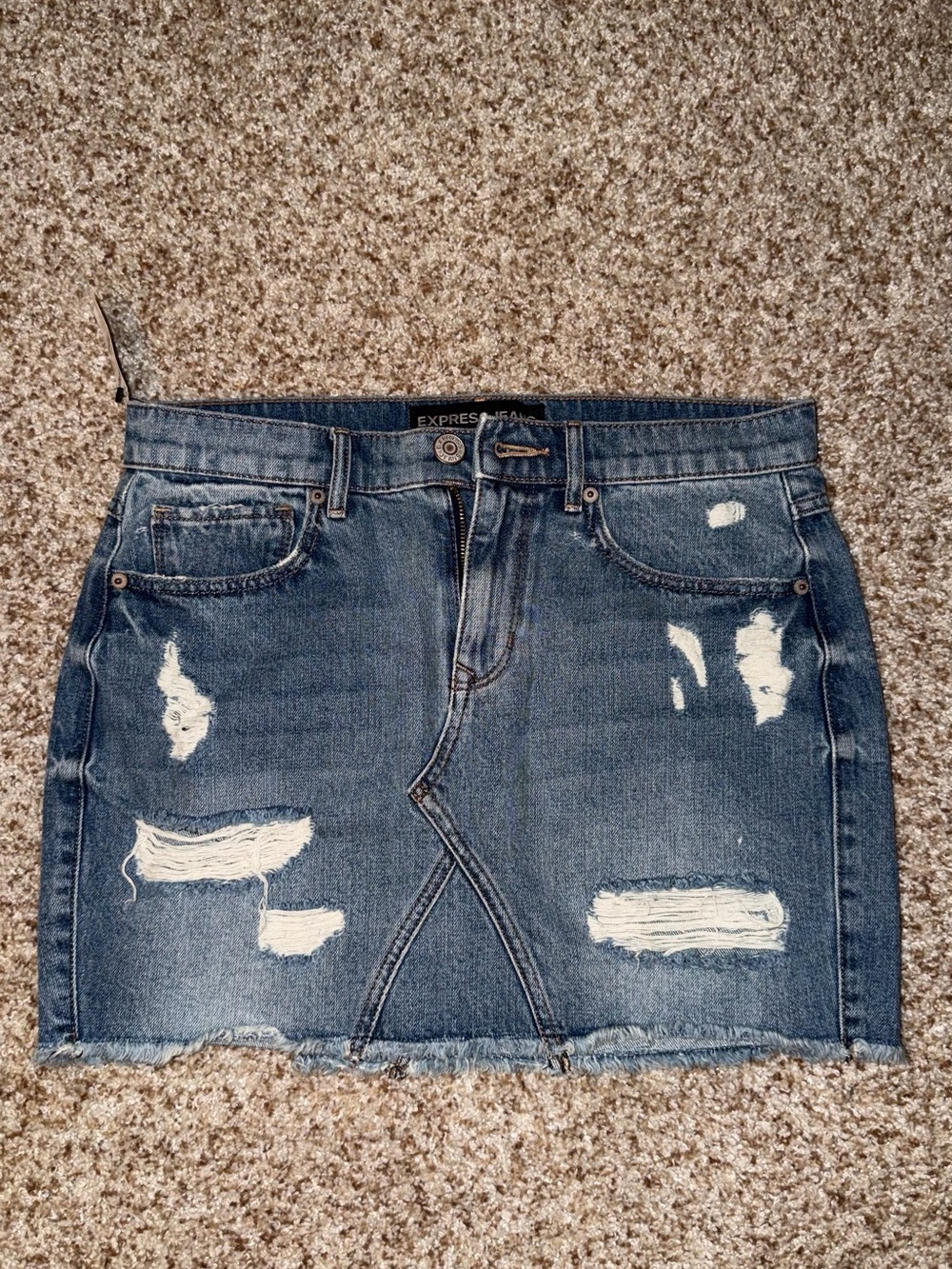 Express Distressed Dark Blue Denim Mini Skirt